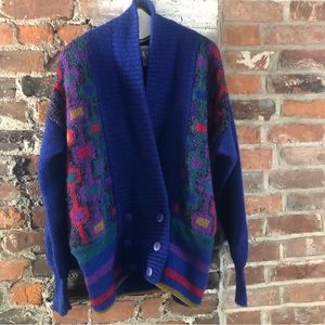 Vintage 80s Multi Color Block Cardigan Sweater Wool Blend Oversized L Unisex